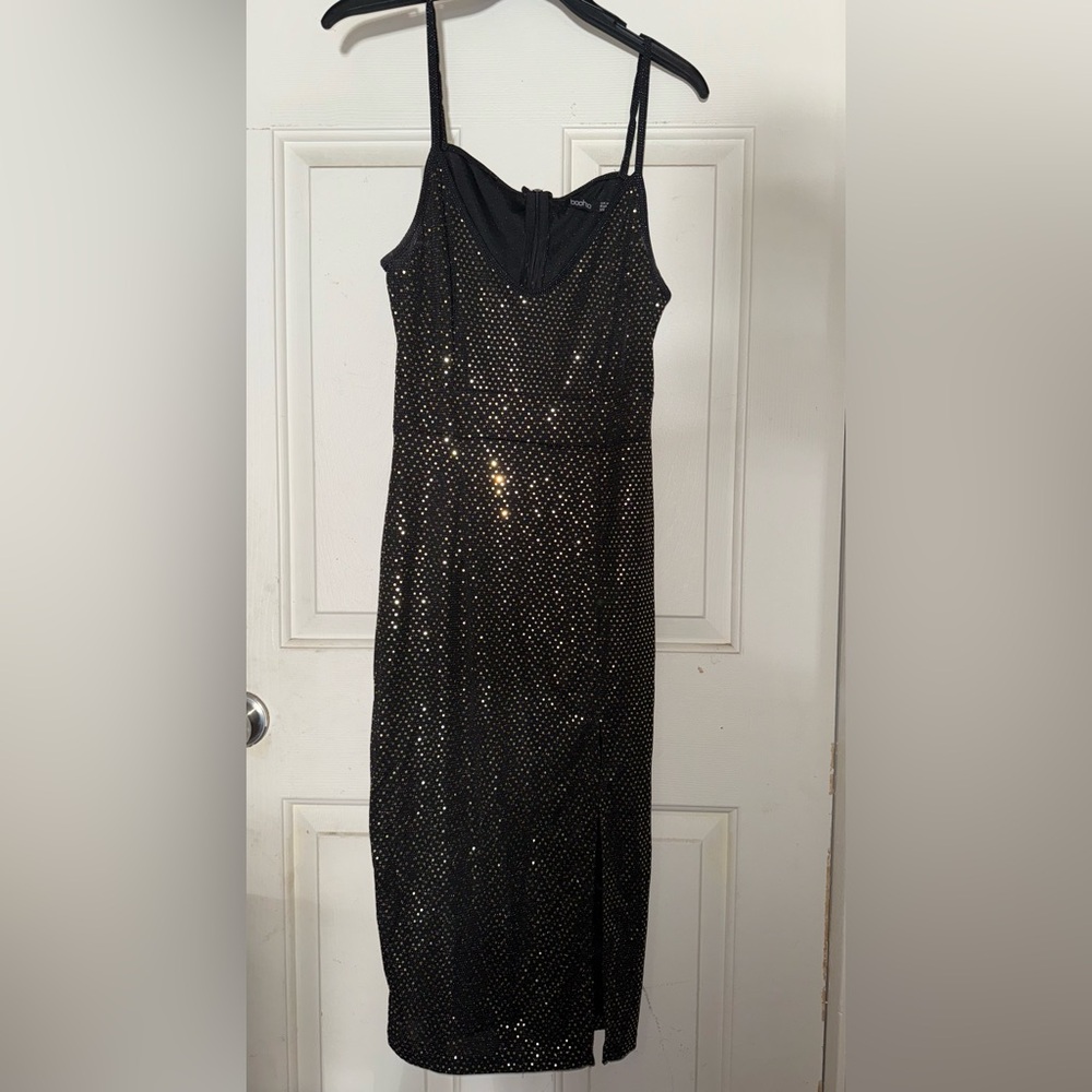 Boohoo Black and Gold Midi Dress